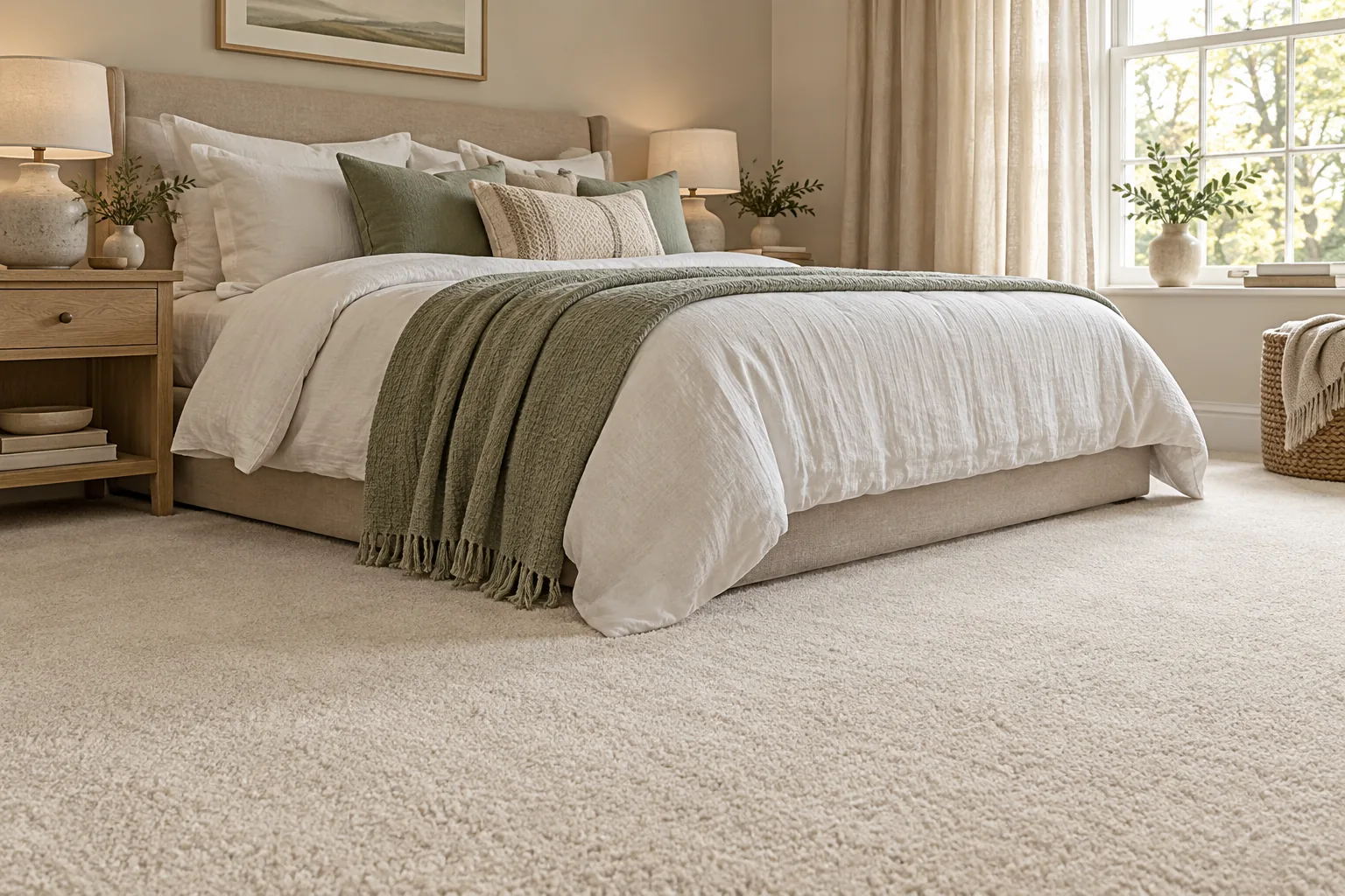 Illustrative bedroom with neutral carpet and soft daylight
