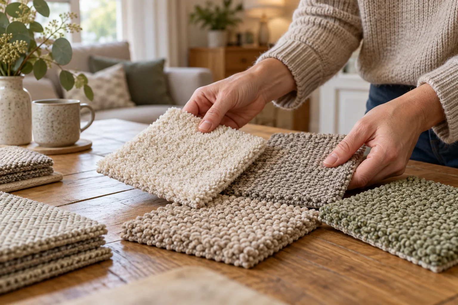 Illustrative hands comparing neutral woven sample textures at home
