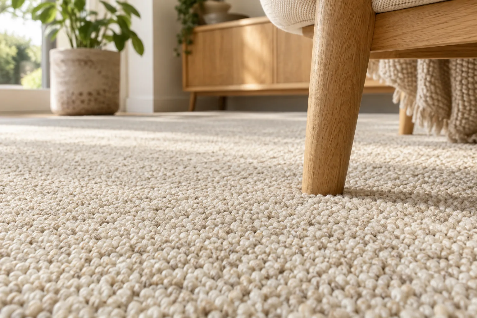 Illustrative close-up of a cream loop-pile carpet