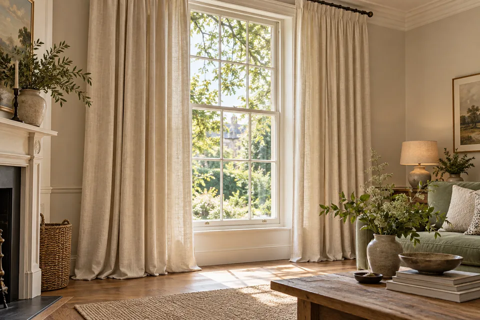Illustrative full-length curtains framing a sunlit window