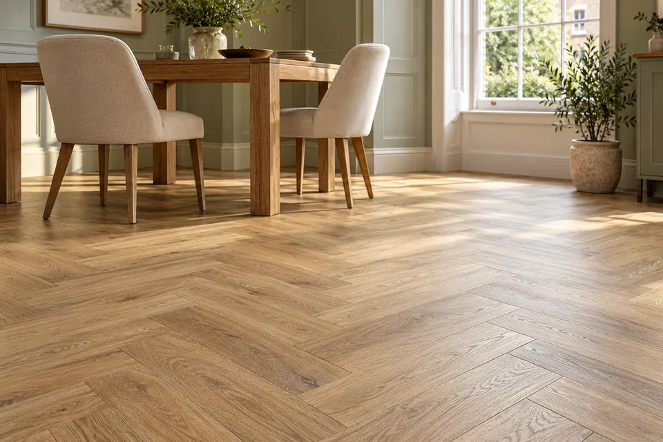 Illustrative dining room with warm oak-look herringbone flooring
