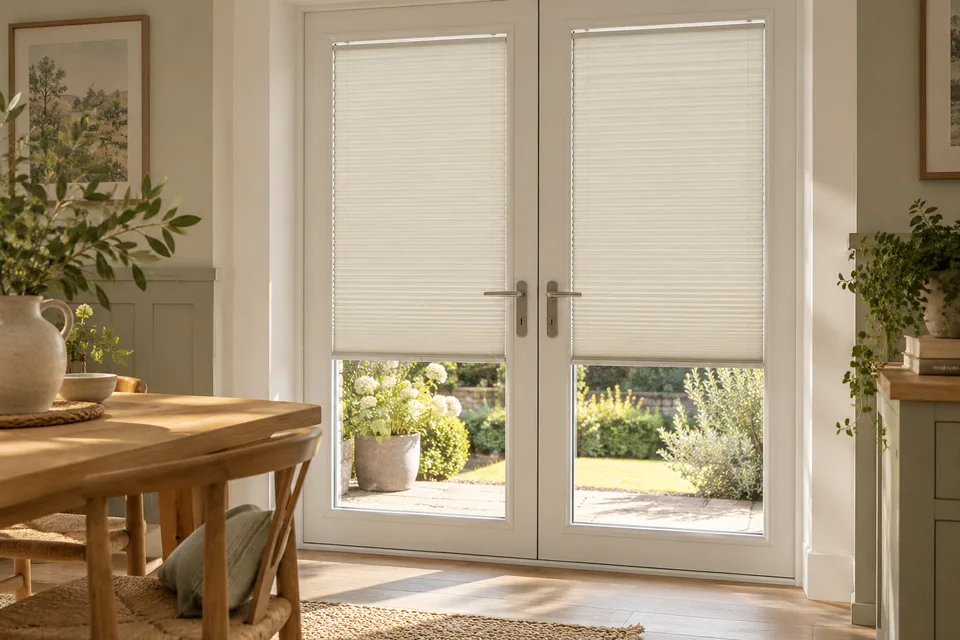 Illustrative framed pleated blinds fitted within glazed doors