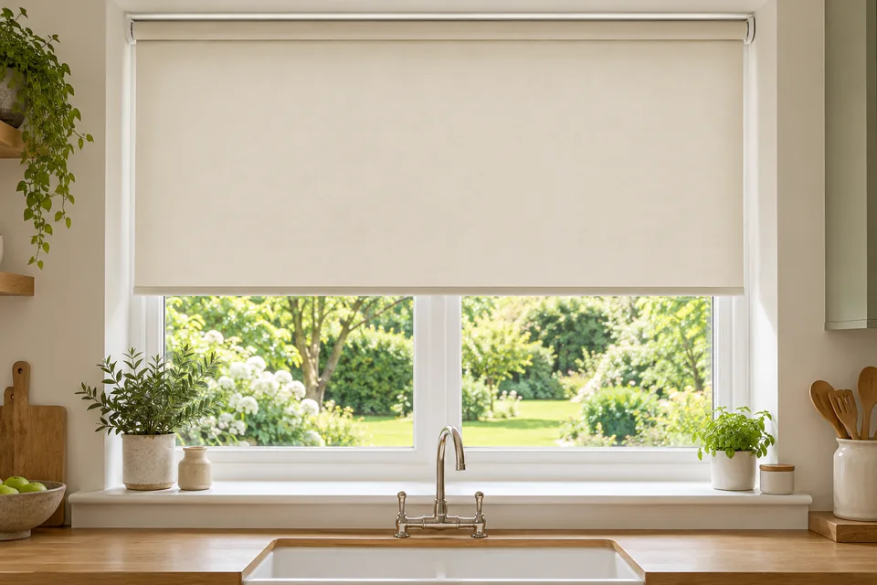 Illustrative neutral roller blind over a bright kitchen window