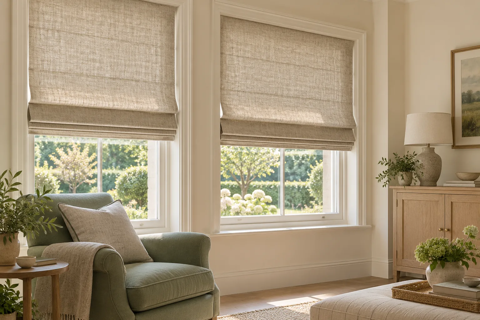 Illustrative linen Roman blinds in a bright sitting room