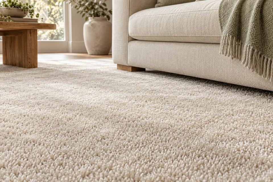 Illustrative close-up of a soft, deep-pile Saxony carpet