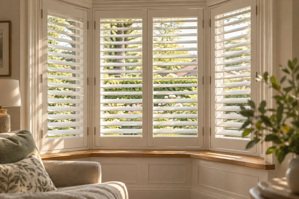 Illustrative white shutters filtering daylight into a quiet room