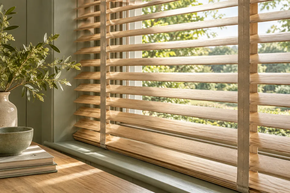 Illustrative natural wood Venetian blind with adjustable horizontal slats